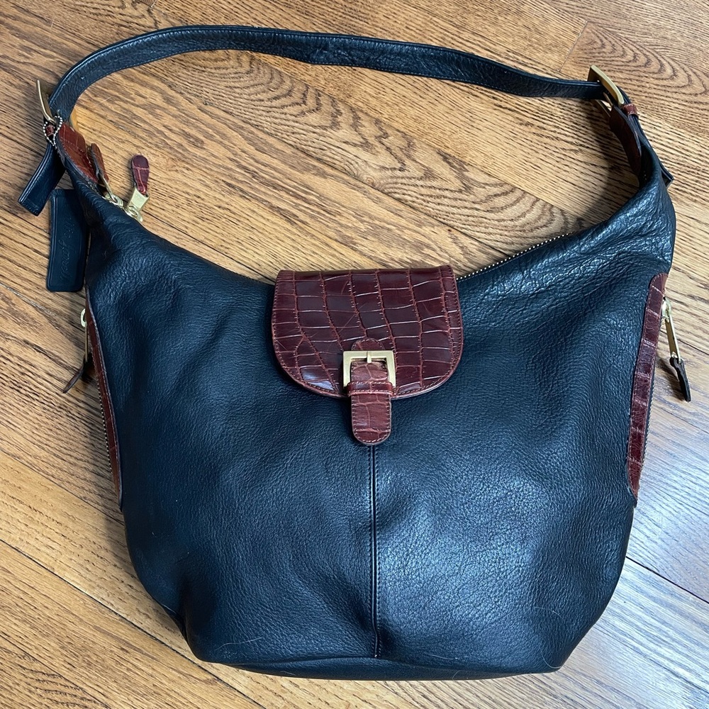 Vintage Pattie Jarrell Black and Brown Hobo Bag with Adjustable Strap